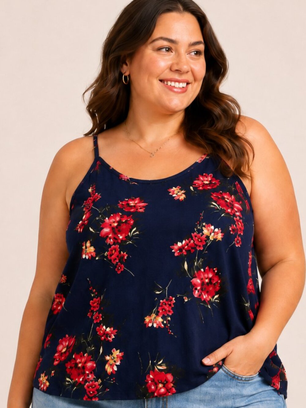 Papermoon 1X Navy Floral Crisscross Back Tank Top